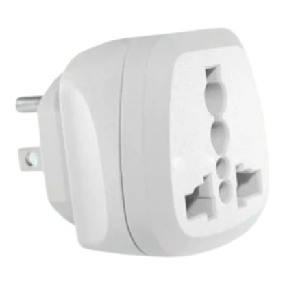 A white plastic UK three-pin wall plug adapter with a two-pin European plug on one end and a three-pin UK socket on the other, shown on a plain white background.