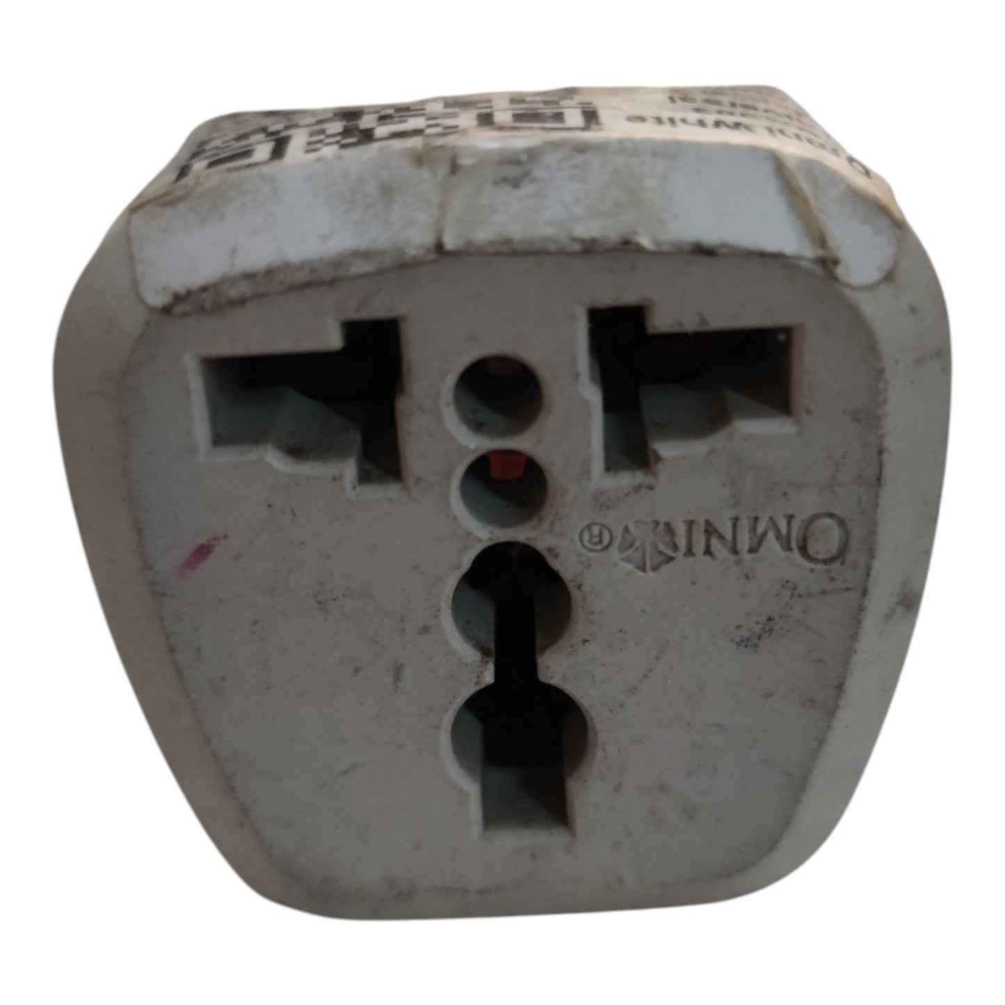 A white Omnilight travel plug adapter with a molded plastic body, featuring a three-pin UK style socket on one side and a three-pin French style socket on the other, shown against a plain white background.