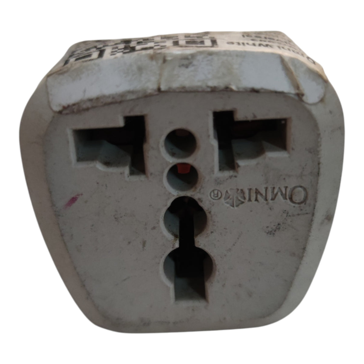 A white Omnilight travel plug adapter with a molded plastic body, featuring a three-pin UK style socket on one side and a three-pin French style socket on the other, shown against a plain white background.