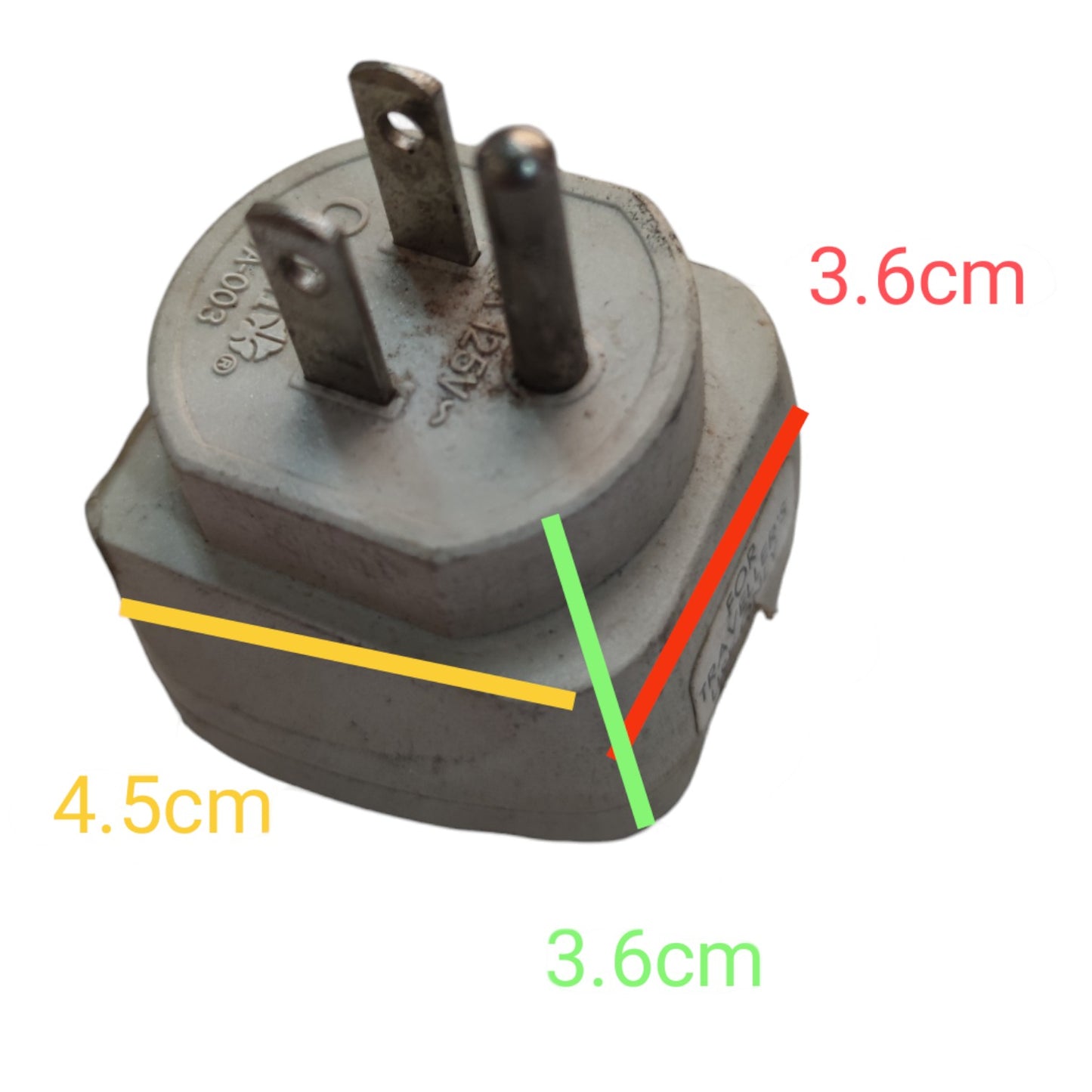 A gray three-prong electrical plug shown on a white background with colored measurement lines and labels indicating dimensions of 3.6 cm, 3.
