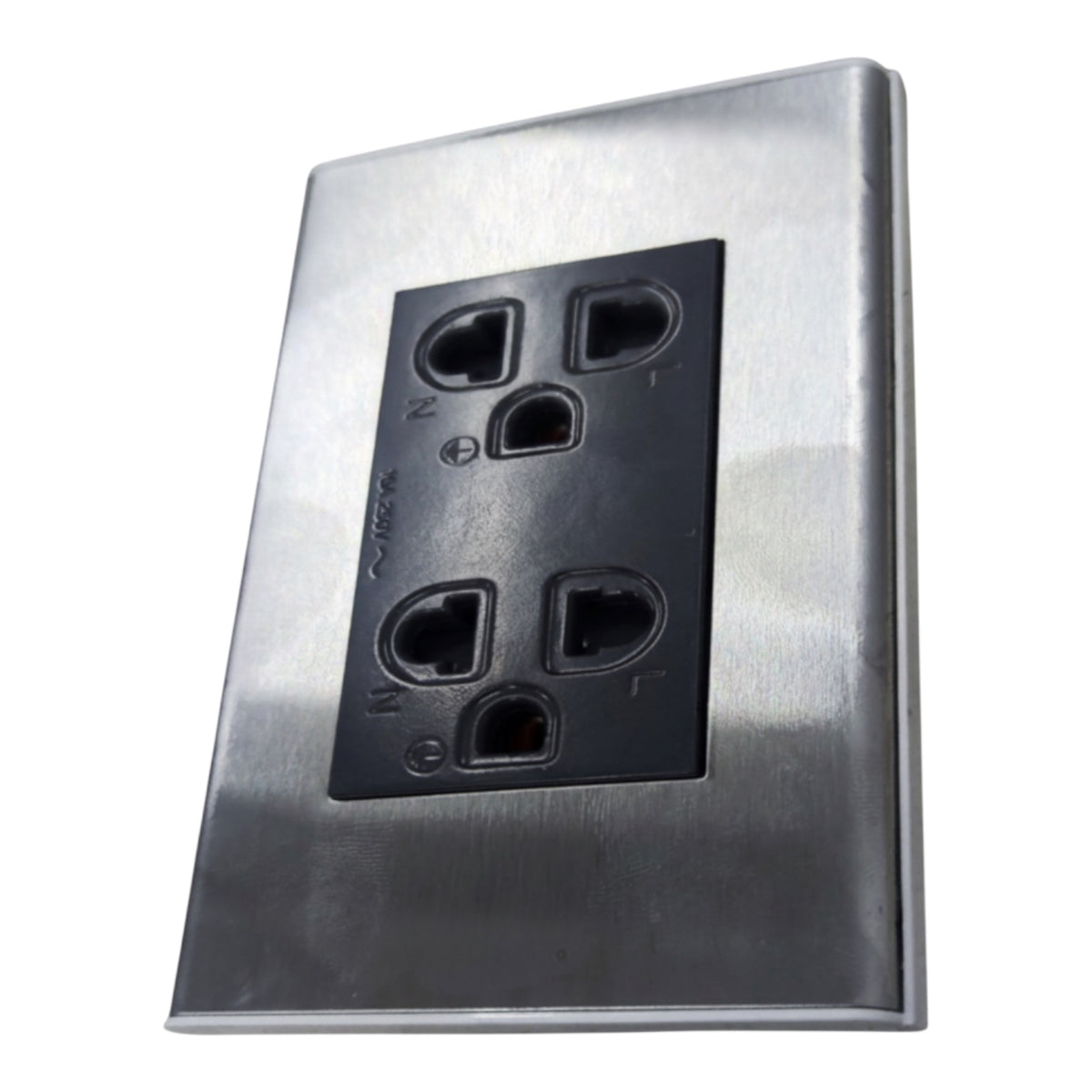 A brushed stainless steel outdoor duplex outlet cover plate with a black plastic insert, shown at an angle on a white background.