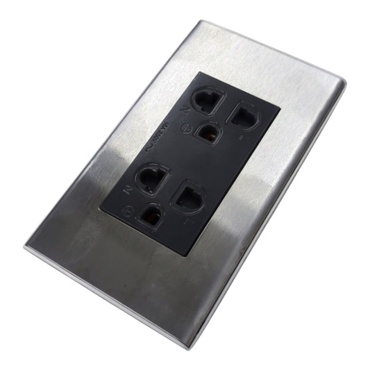 A brushed stainless steel electrical outlet cover plate with a black double outlet insert, shown at an angle on a white background.