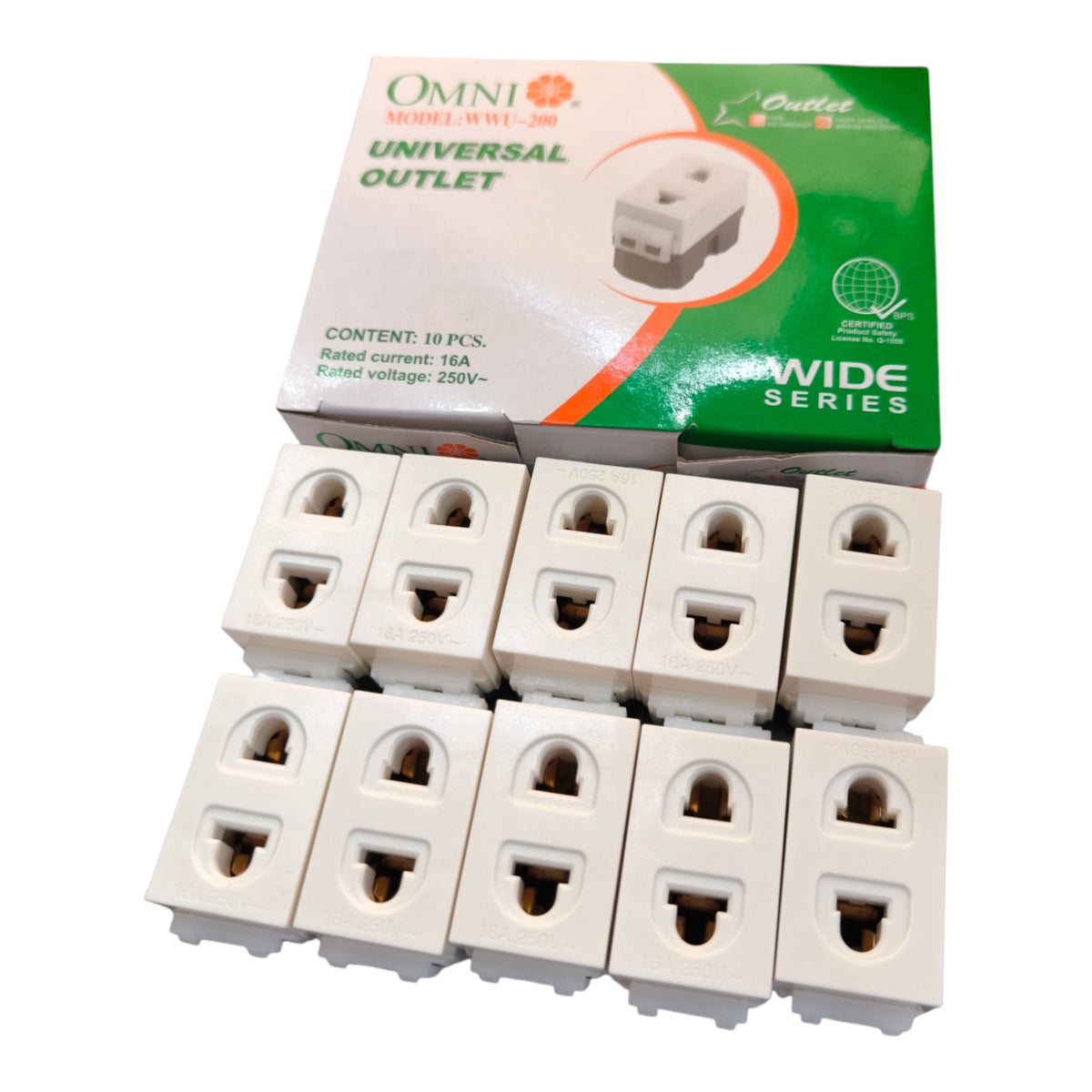 Ten white universal outlet connectors arranged in two rows in front of their green and white retail packaging box, which is labeled 'OMNI MODEL WIDE-2000 UNIVERSAL OUTLET WIDE SERIES'.