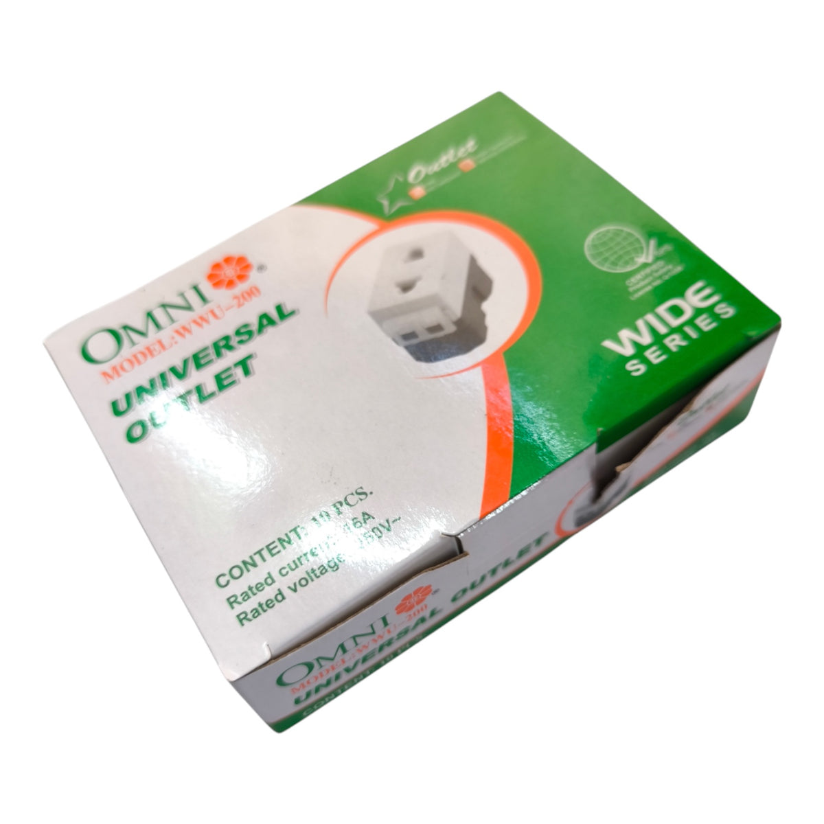 OMNI Model AWL-2000 Universal Outlet WIDE Series retail packaging box, featuring a green and white design with an illustration of the outlet on the top panel.