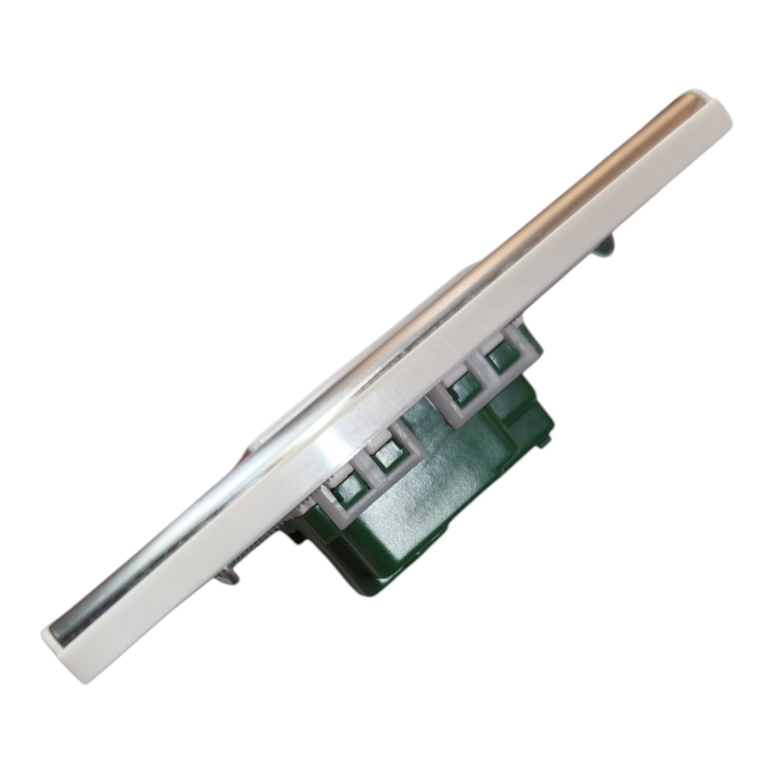 A modern wall-mounted light switch with a slim white rectangular faceplate, a metallic silver horizontal bar, and a dark green terminal housing with four small green indicator lights, shown on a plain white background.