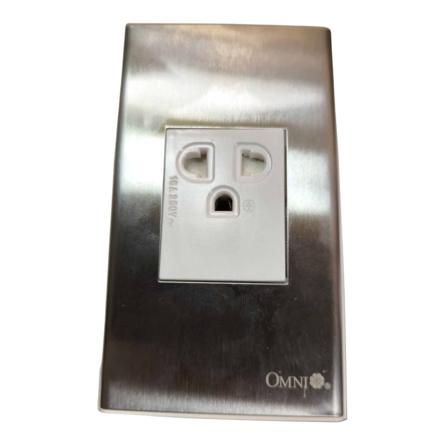 A brushed stainless steel wall outlet cover plate with a white center insert and the Omni logo printed at the bottom right, shown on a plain white background.