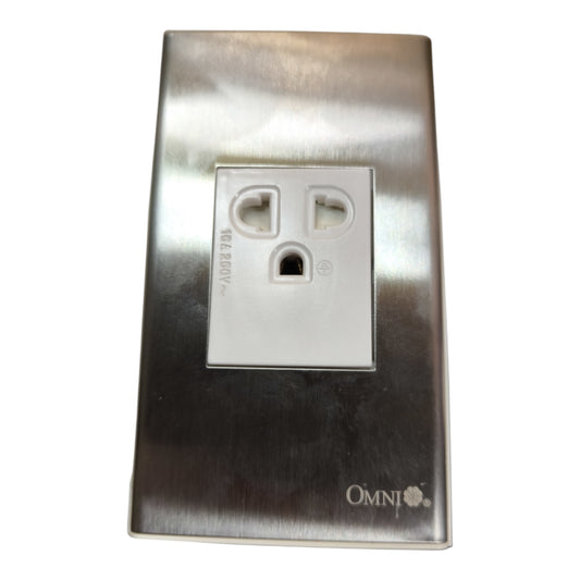 A brushed stainless steel wall outlet cover plate with a white center insert and the Omni logo printed at the bottom right, shown on a plain white background.