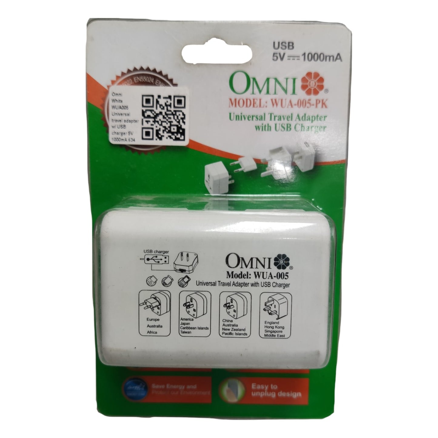 OMNI universal travel adapter with USB charger packaging on a white Omni Universal Travel Adapter with USB Charger WUA-005-PK 4 Variance Electx Electrical Supplybackground