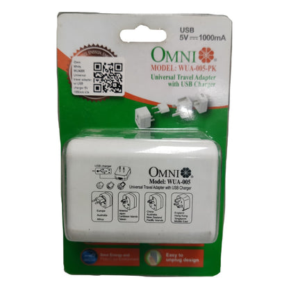 OMNI universal travel adapter with USB charger packaging on a white Omni Universal Travel Adapter with USB Charger WUA-005-PK 4 Variance Electx Electrical Supplybackground