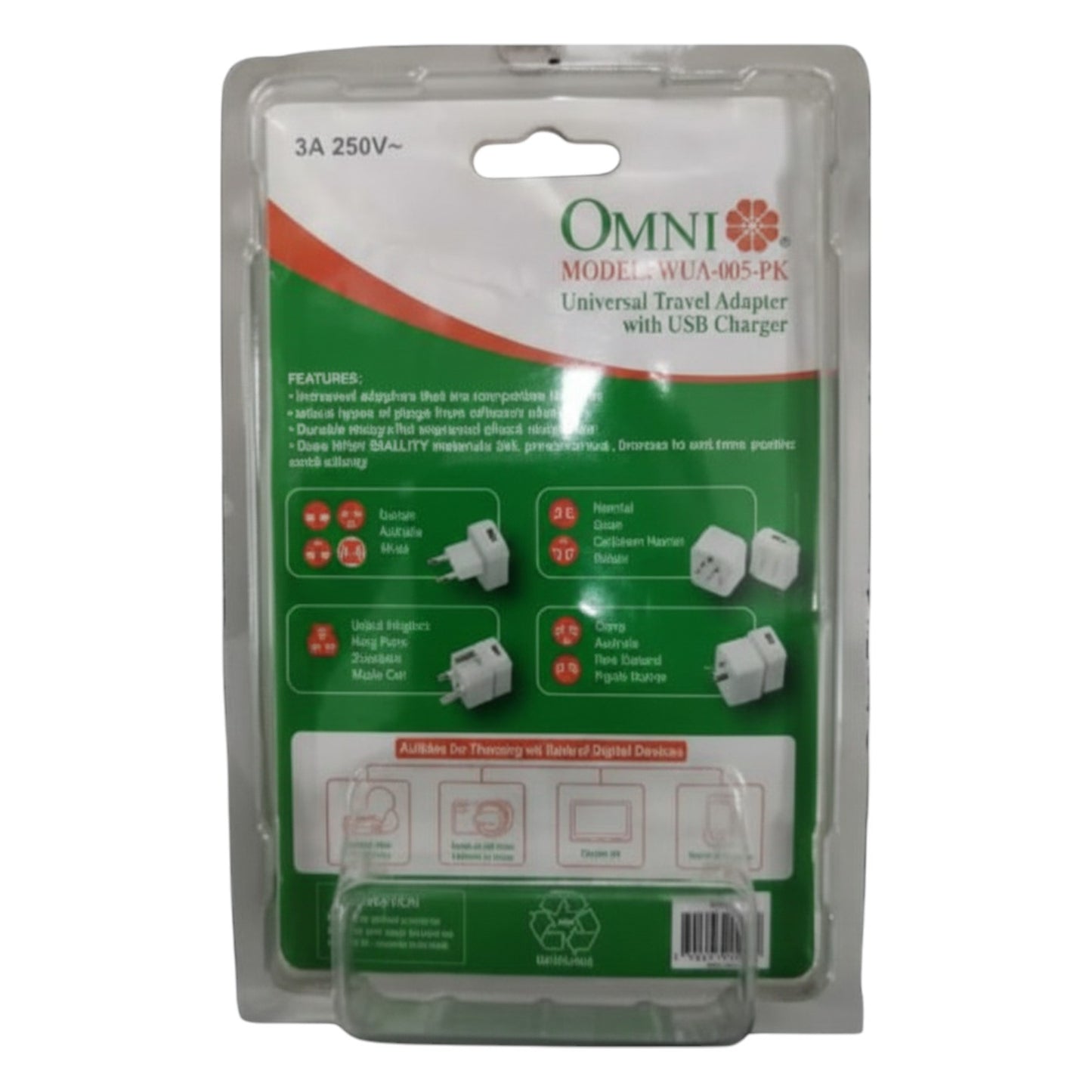 OMNI universal travel adapter with USB charger packaging on a white  Omni Universal Travel Adapter with USB Charger WUA-005-PK 4 Variance Electx Electrical Supplybackground
