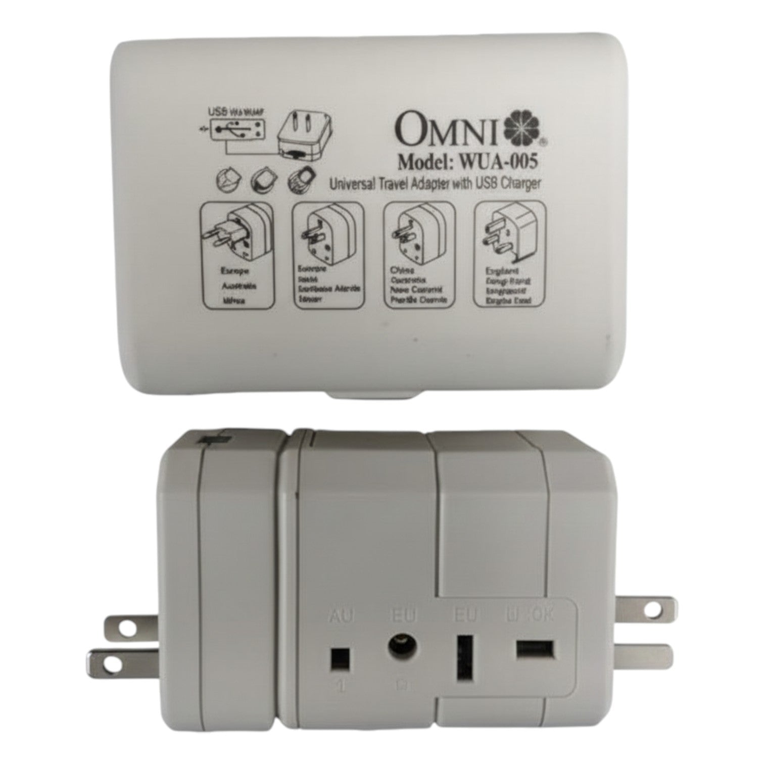 OMNI universal travel adapter with USB charger on a white background Omni Universal Travel Adapter with USB Charger WUA-005-PK 4 Variance Electx Electrical Supply