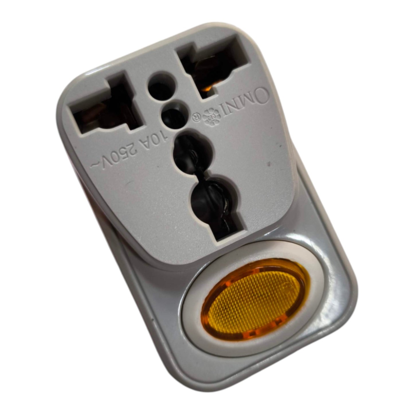 A compact travel adapter plug with a gray plastic body, featuring multiple socket types and a circular amber indicator light, shown on a plain white background.