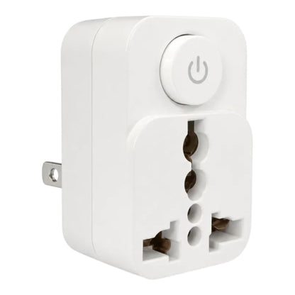 A white universal travel plug adapter with a single-button power switch on the front, shown against a plain white background.