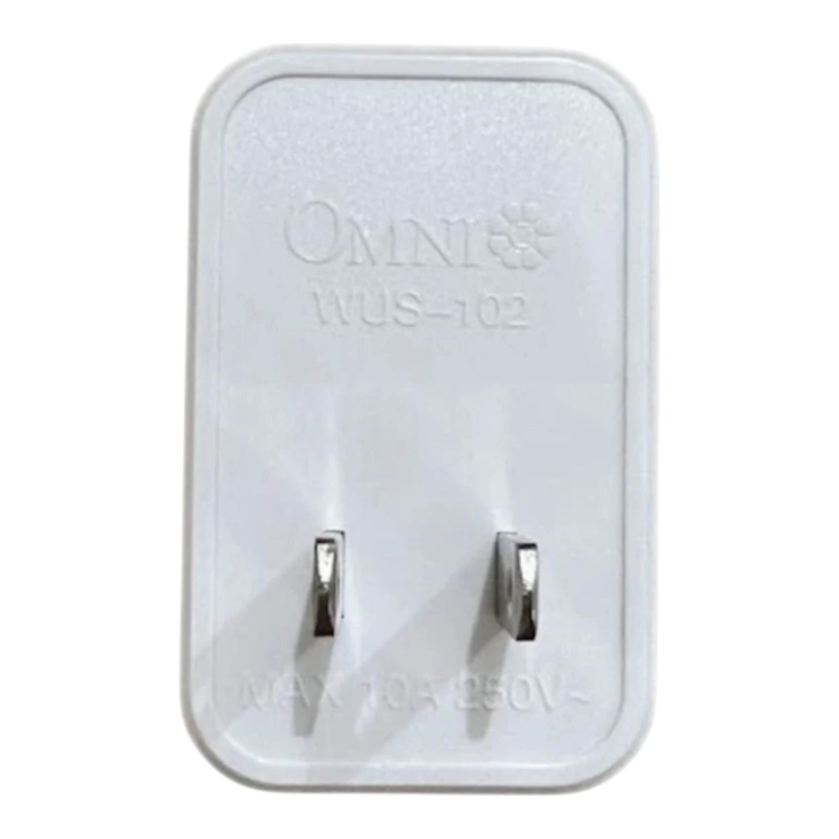White Omni WUS-102 wall charger plug adapter with two flat pins and embossed brand name and specifications on a white background.