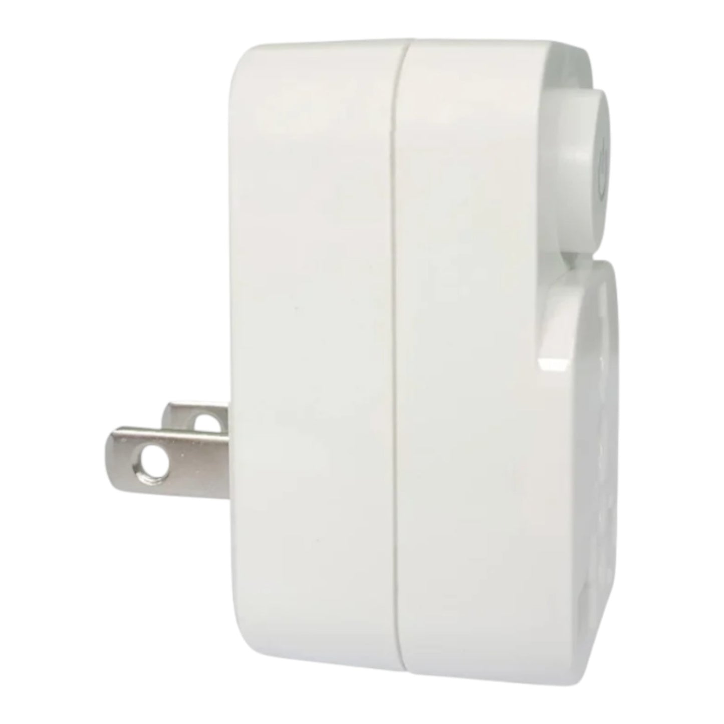 A white plastic electrical outlet cover or smart outlet with a silver two-prong plug, shown against a plain white background.