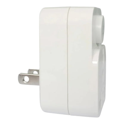 A white plastic electrical outlet cover or smart outlet with a silver two-prong plug, shown against a plain white background.
