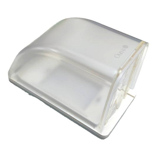 A clear, semi-translucent plastic protective cover with a curved dome top and flat base, featuring a debossed 'OMNI' logo on the upper right side, shown on a plain white background.