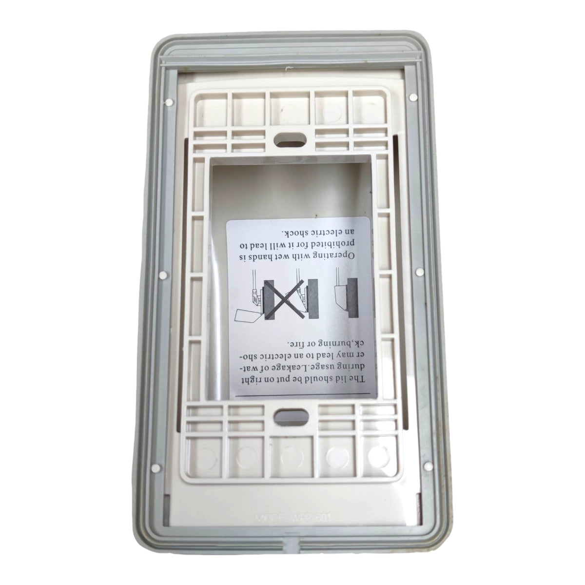 A white plastic electrical outlet cover plate with a gray outer frame and a central instructional insert card, shown against a plain white background.