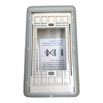 A white plastic electrical outlet cover plate with a gray outer frame and a central instructional insert card, shown against a plain white background.