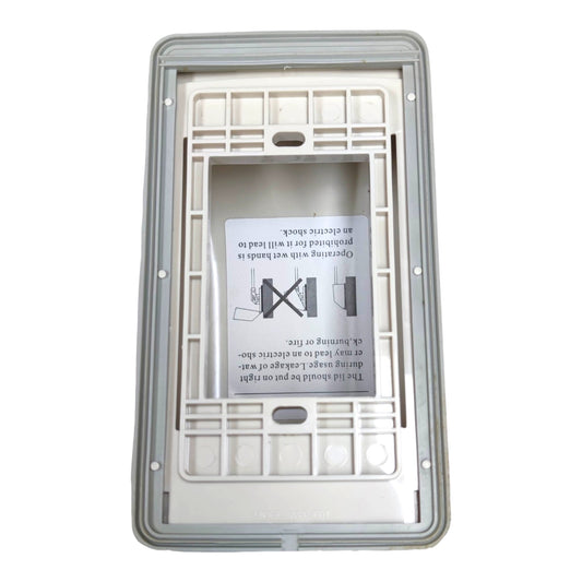 A white plastic electrical outlet cover plate with a gray outer frame and a central instructional insert card, shown against a plain white background.