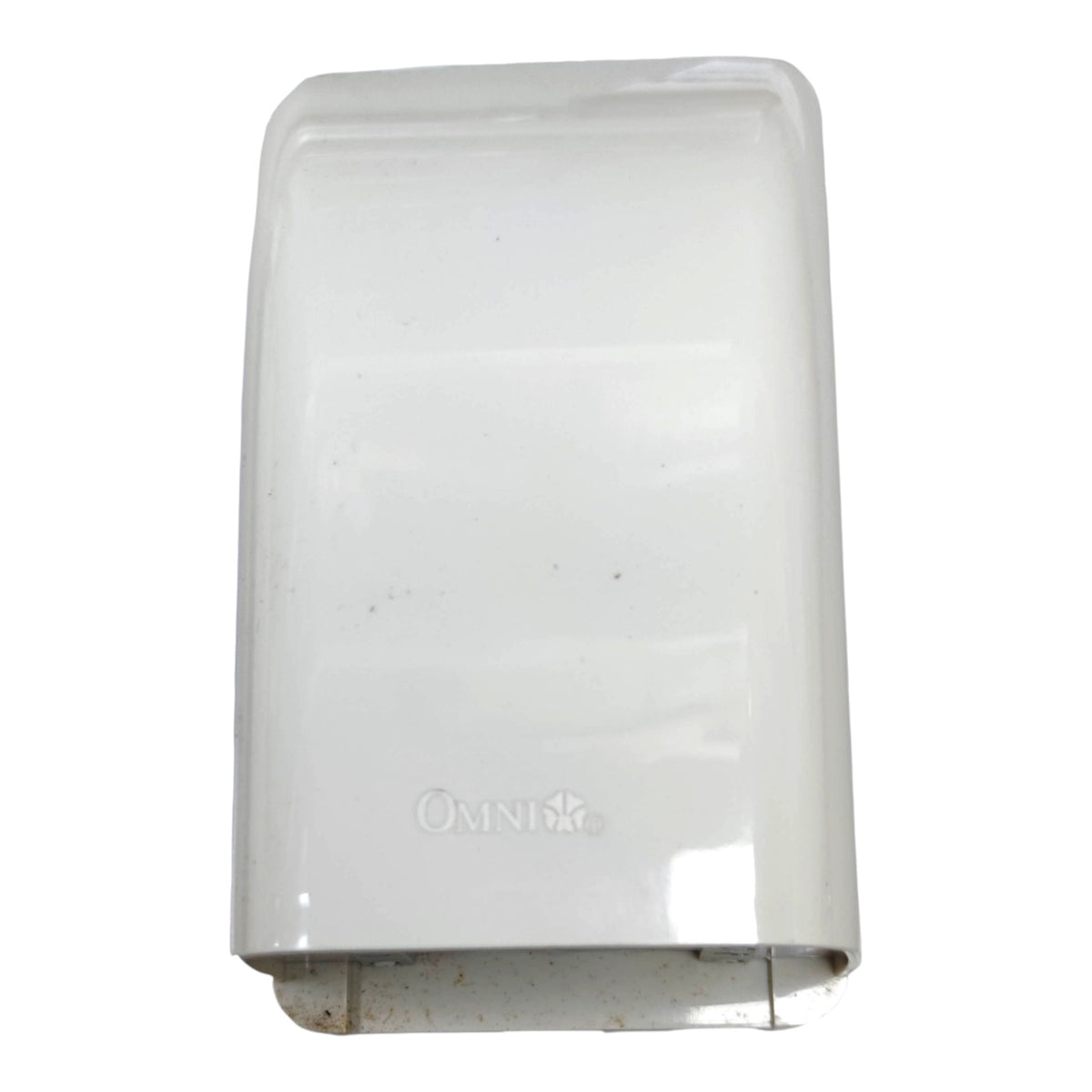White plastic replacement cover for an Omni brand dispenser, showing a glossy finish with some minor dust and wear at the bottom edge.