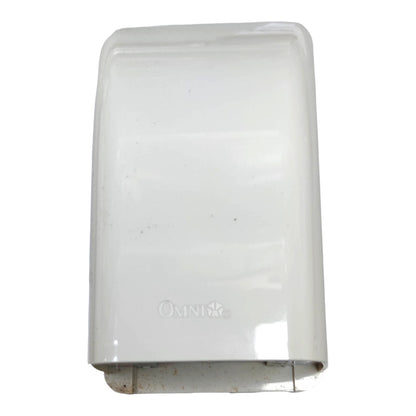 White plastic replacement cover for an Omni brand dispenser, showing a glossy finish with some minor dust and wear at the bottom edge.