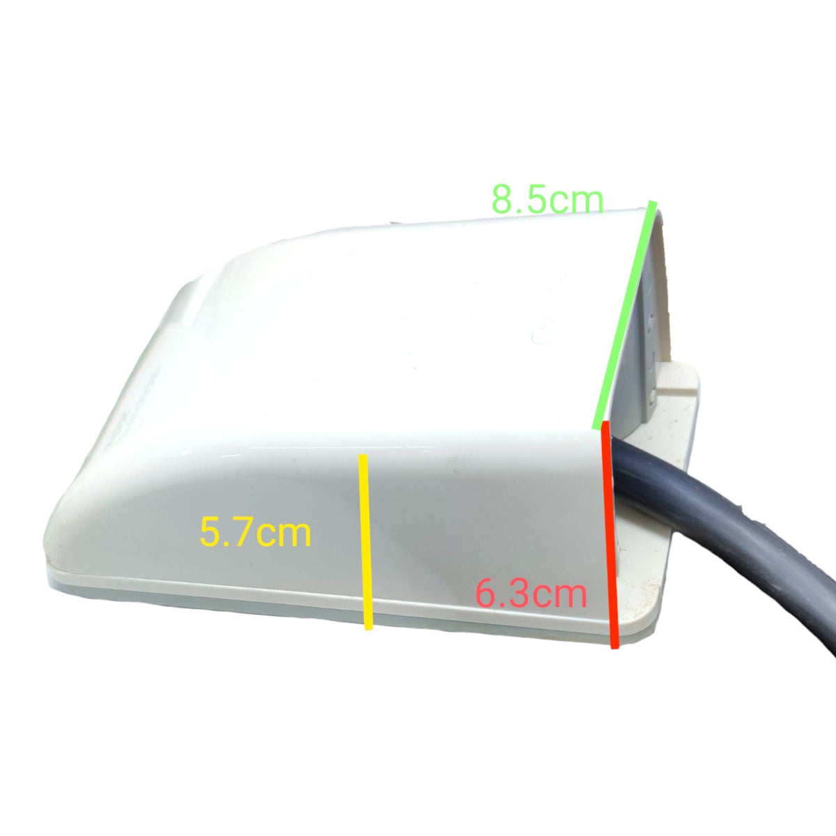 A white rectangular plastic device with a curved top and a black cable exiting one side, shown on a white background with overlaid dimension lines and text reading 8.5cm, 5.