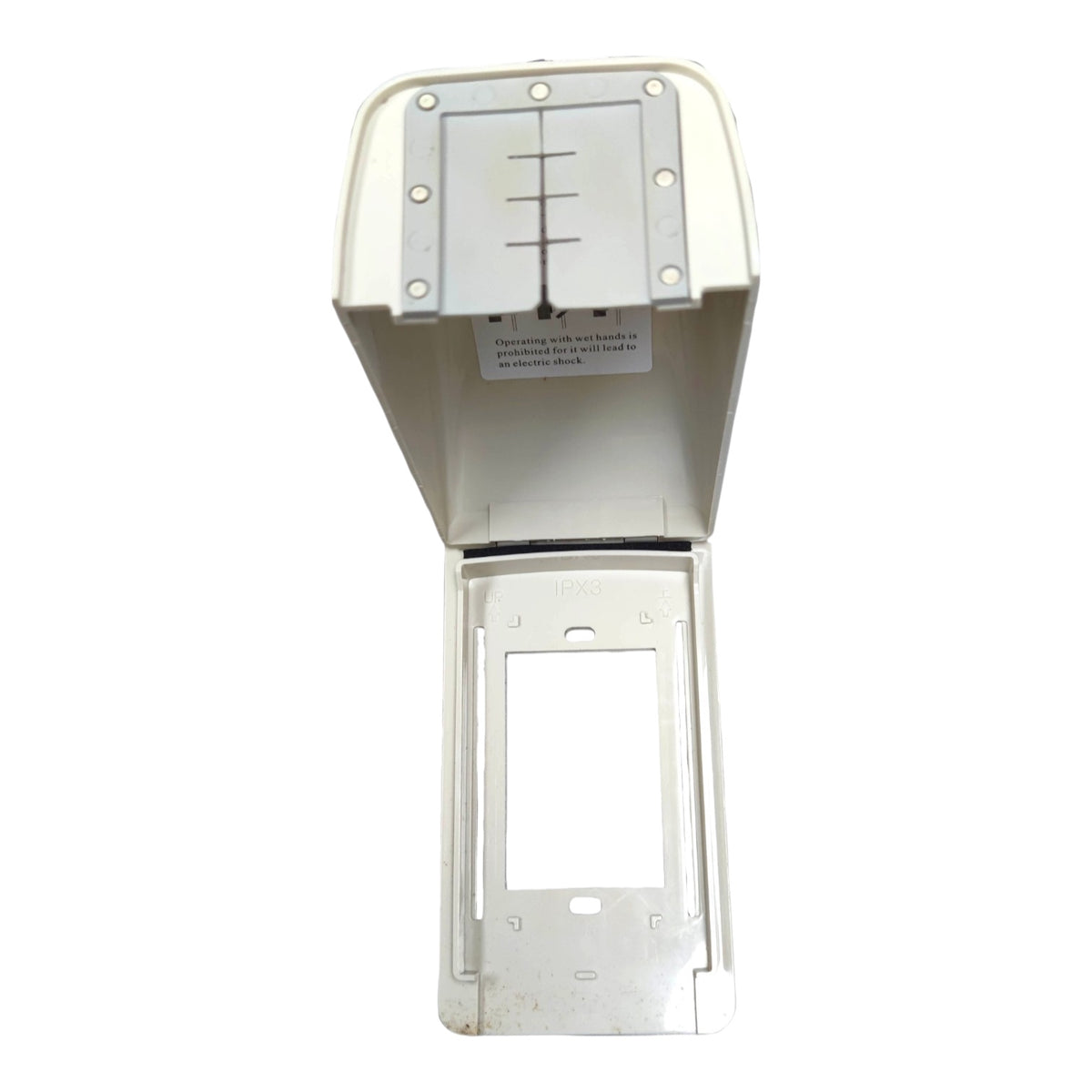 A white plastic wall-mounted dispenser or fixture component with an open hinged cover, shown against a plain white background.