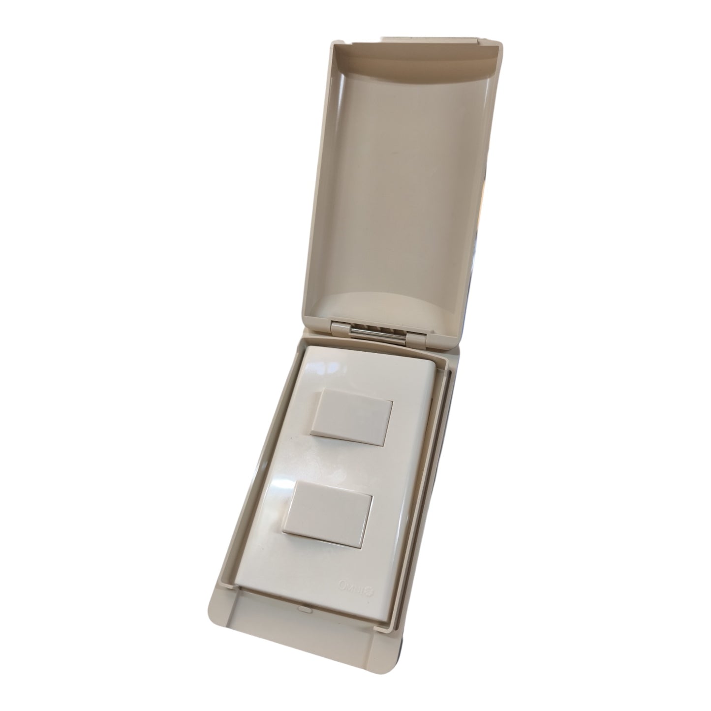 A dual single-toggle wall switch with an open cover, shown at an angle on a plain white background.