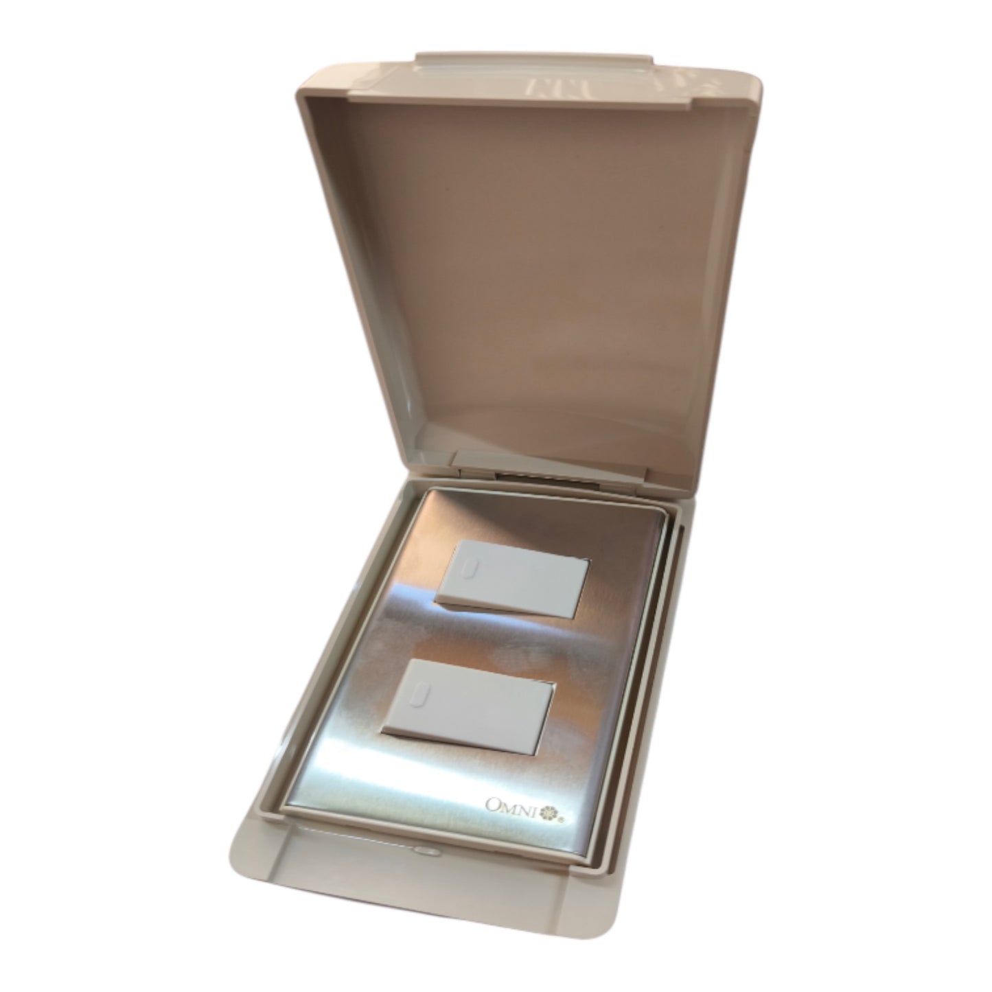 A two-button wall switch plate set in a beige plastic protective housing, shown open against a plain white background.