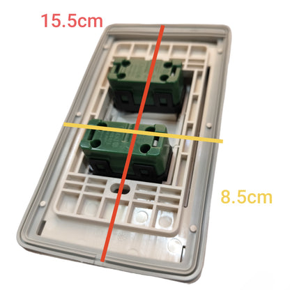A double-gang wall switch panel shown on a white background with red and yellow measurement lines and text indicating dimensions 15.5cm and 8.