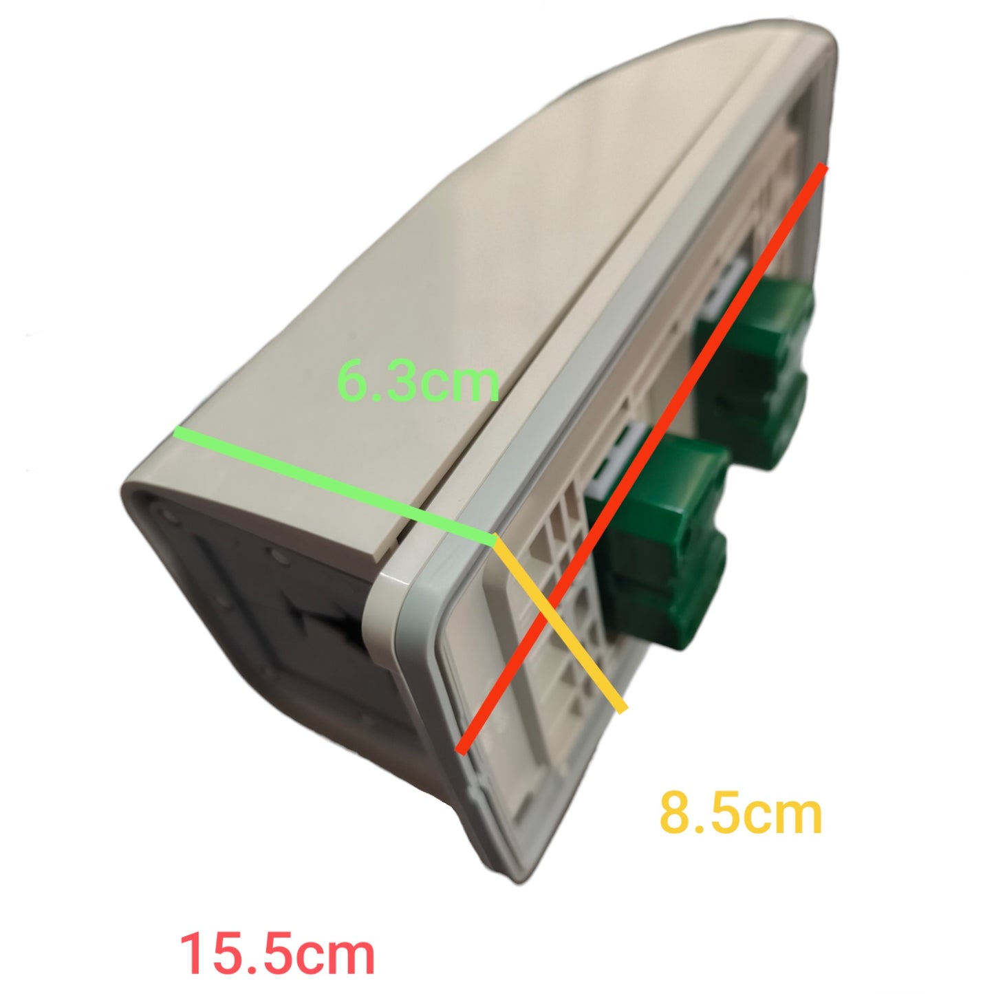 A product photo of a light switch panel with overlaid dimension lines and text showing measurements of 15.5cm, 6.