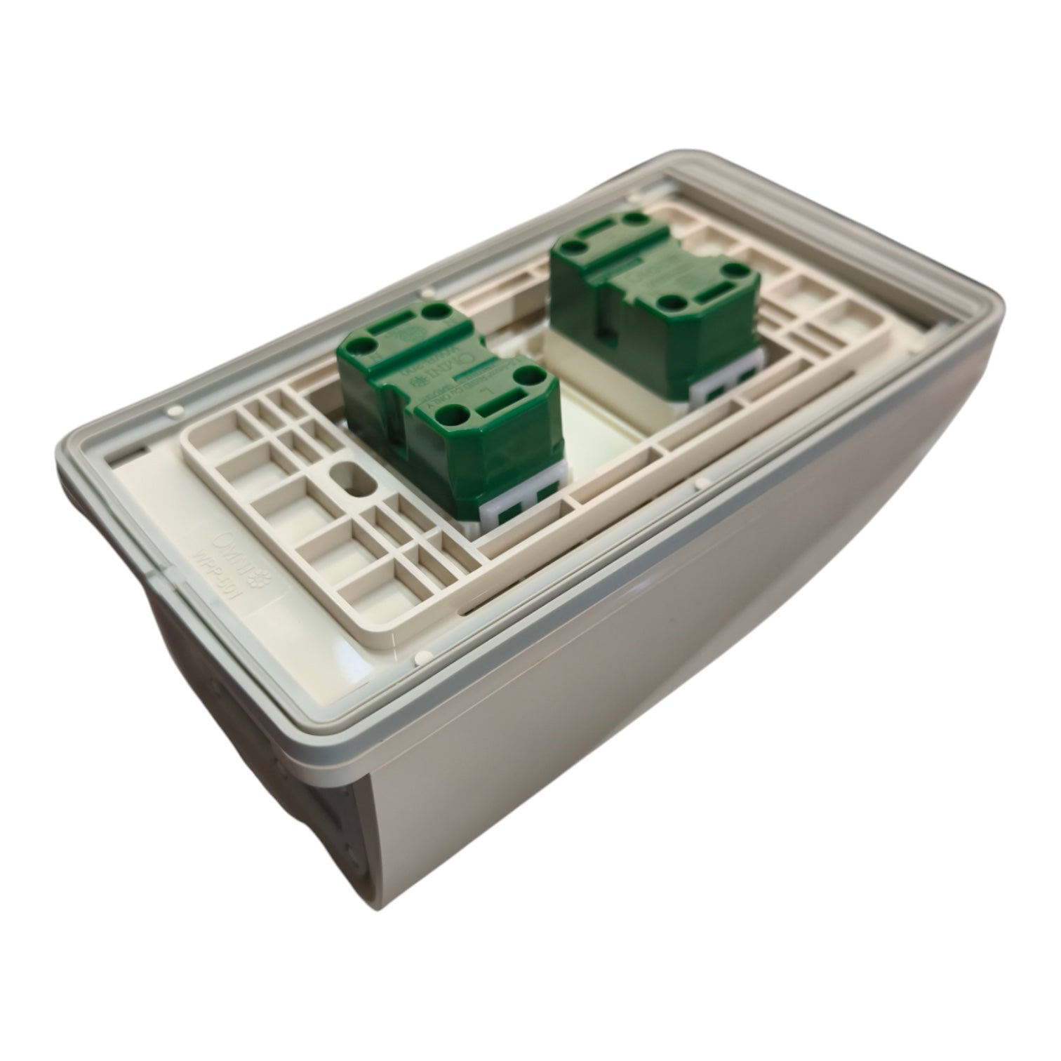 A two-gang electrical wall switch module with a beige plastic housing and two green terminal blocks, shown on a plain white background.