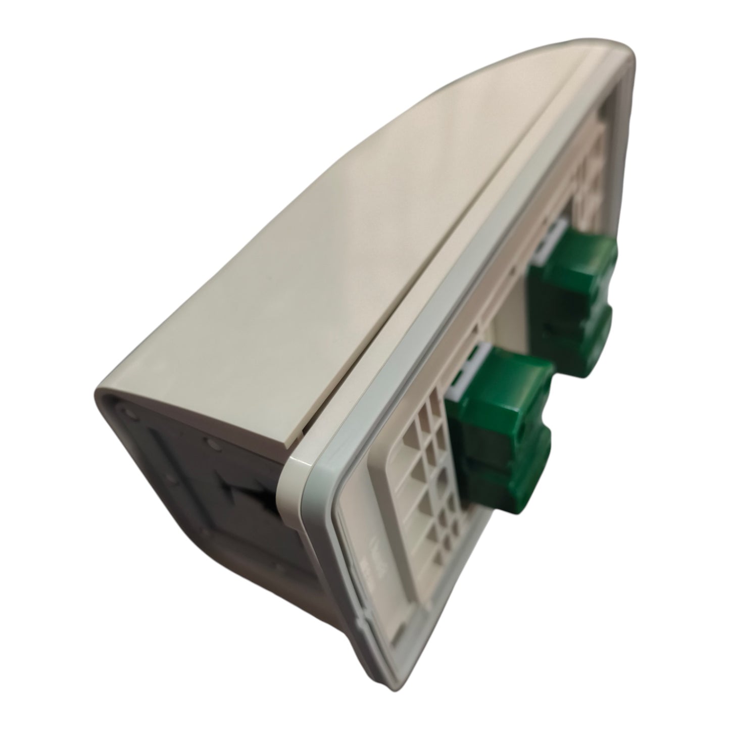 A white plastic electrical outlet cover plate with two green terminal blocks visible on the side, shown on a plain white background.