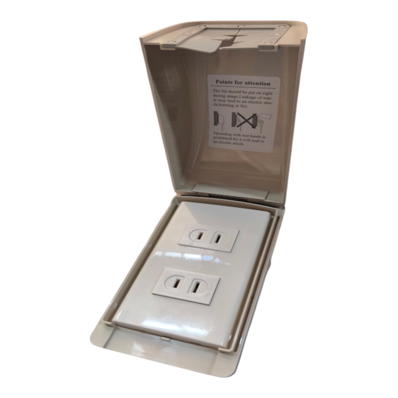 A beige plastic outdoor duplex outlet cover with the hinged lid open, showing two white electrical outlets inside and an 'Points for attention' label on the inside of the lid.