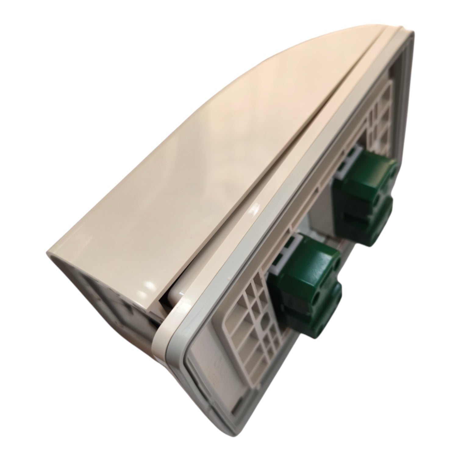 A white plastic electrical outlet cover plate with two green terminal screws visible on the back, shown at an angle against a white background.