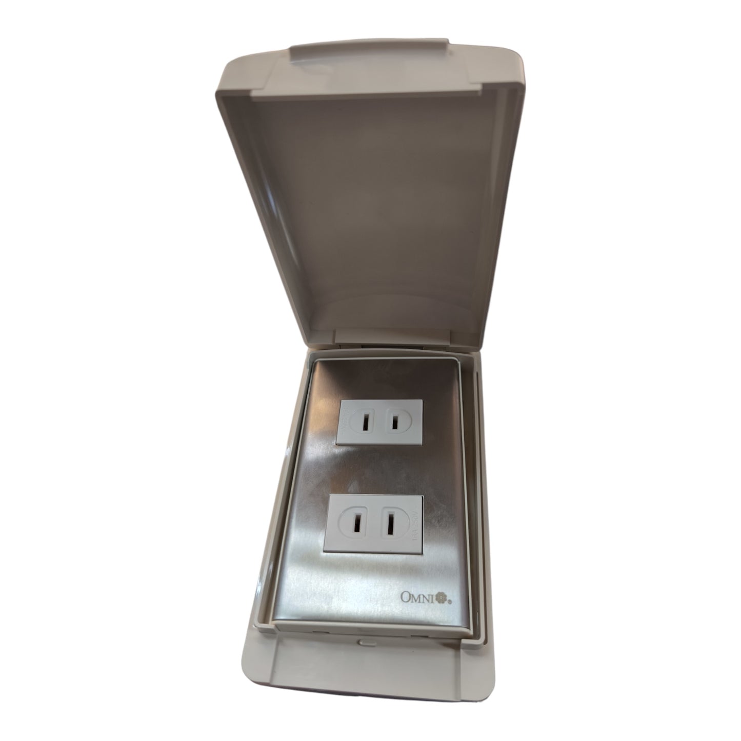 A stainless steel outdoor duplex outlet with a gray waterproof cover lid, shown open against a white background.