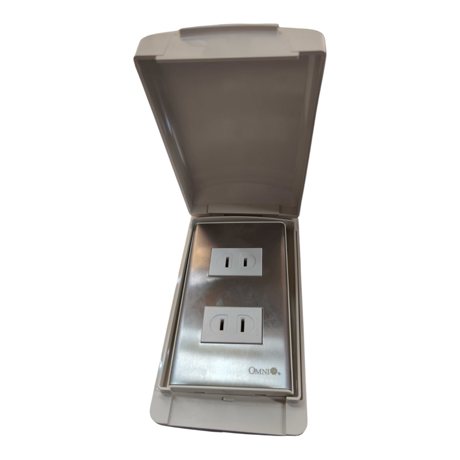 A stainless steel outdoor duplex outlet with a gray waterproof cover lid, shown open against a white background.