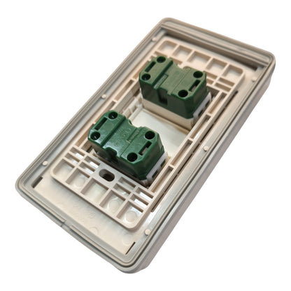 A double-gang wall switch module showing the rear side with two green terminal blocks set in a beige plastic backplate, isolated on a white background.