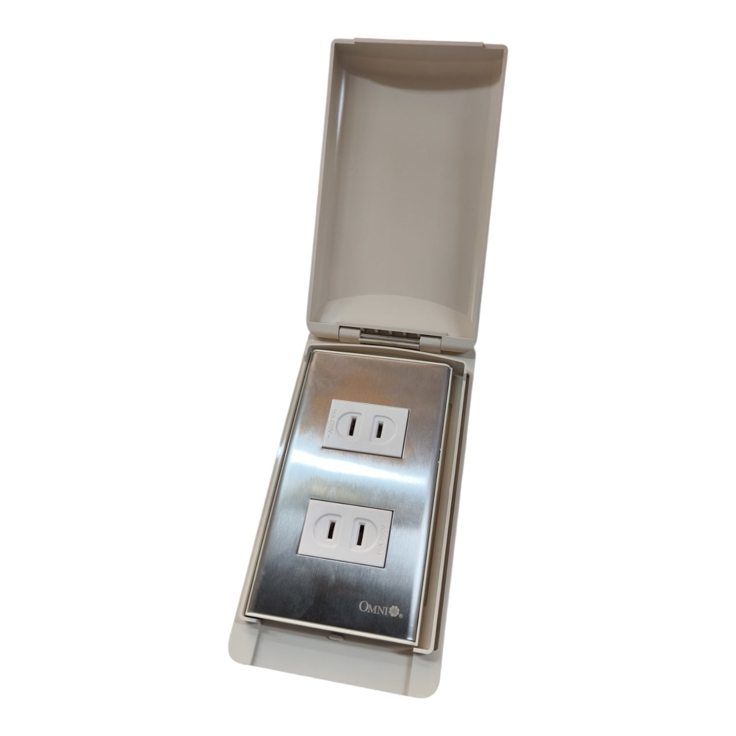 An open waterproof electrical outlet cover with two GFCI-style outlets visible inside, shown on a plain white background.