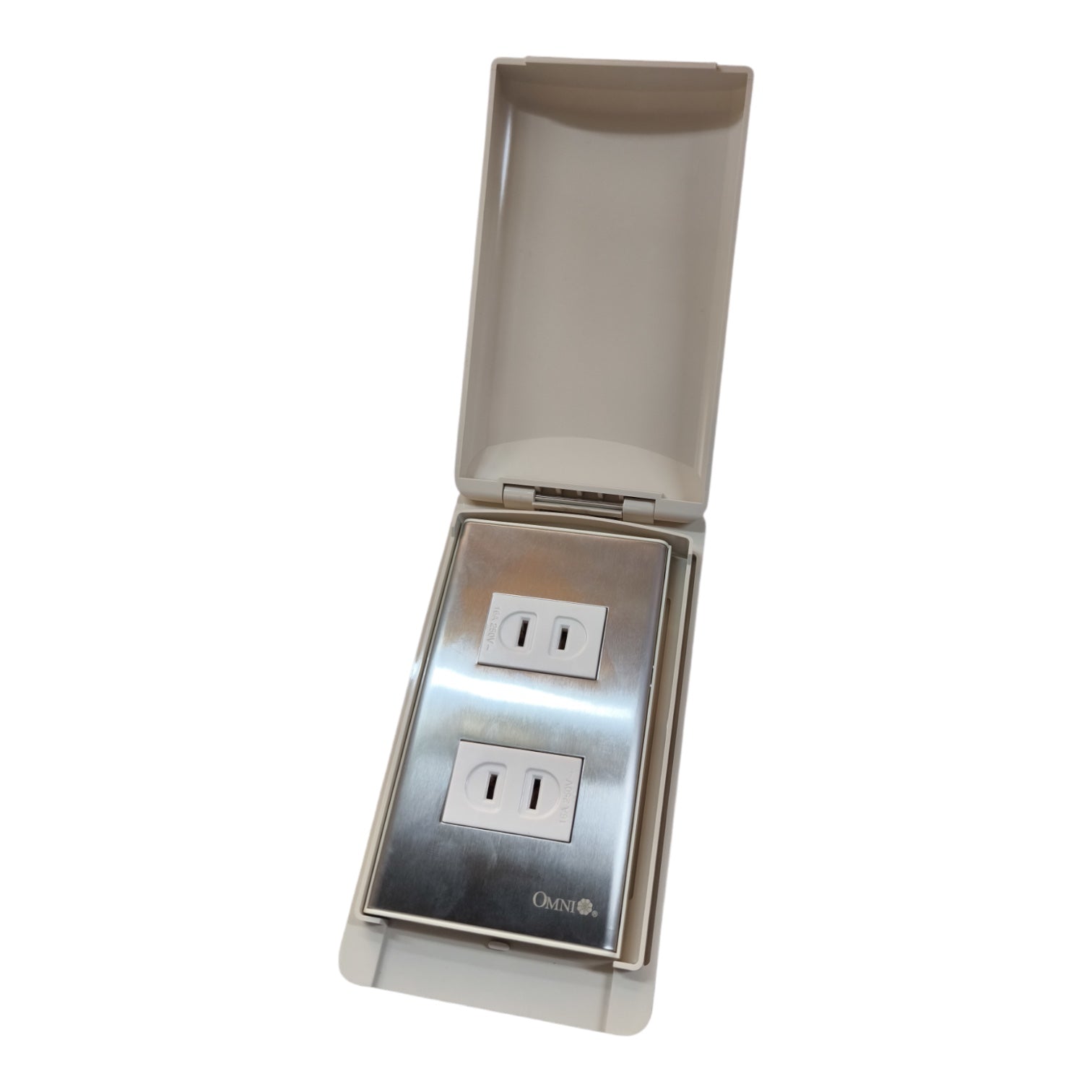 An open waterproof electrical outlet cover with two GFCI-style outlets visible inside, shown on a plain white background.