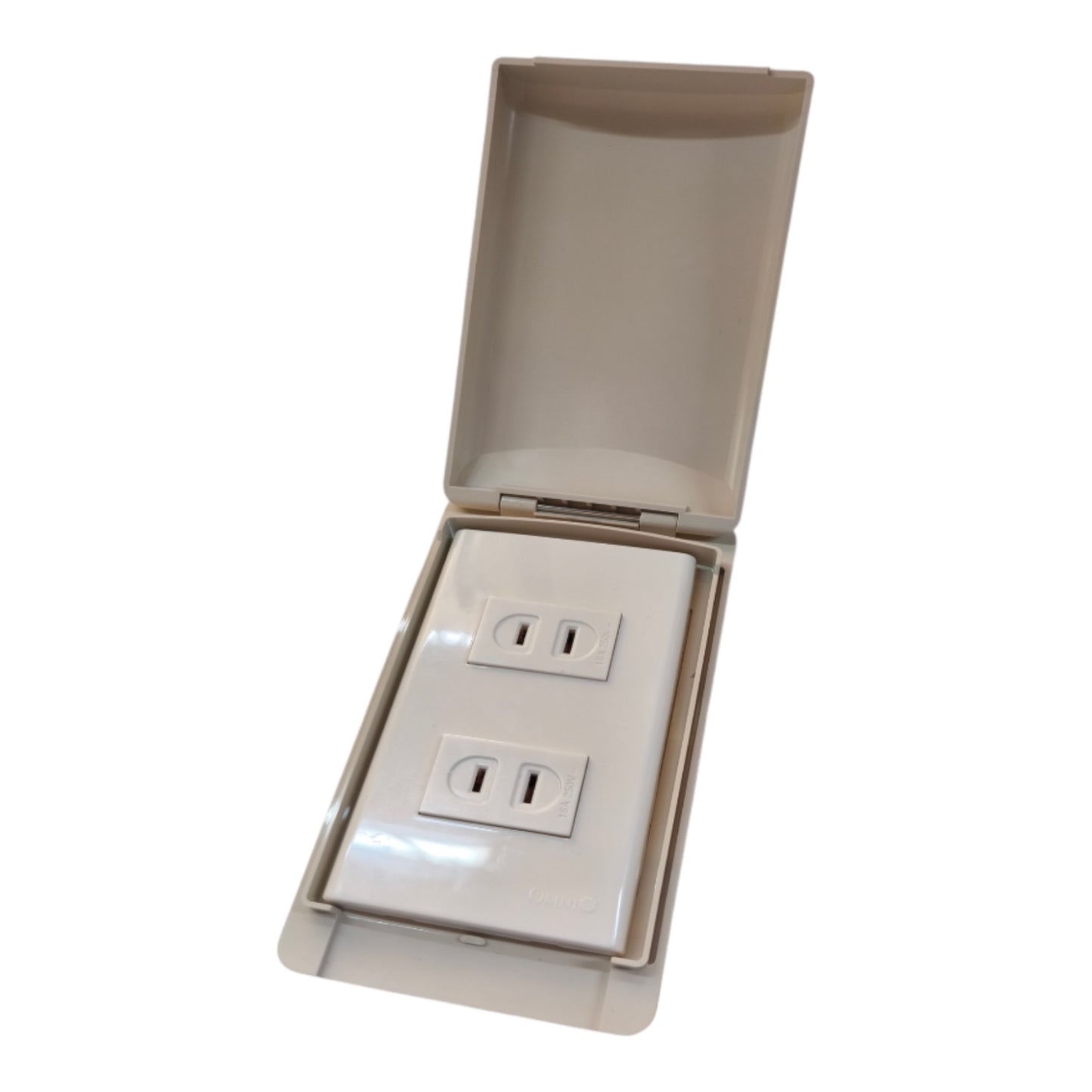 A beige plastic double outlet cover with the lid open, showing two white electrical outlets inside, isolated on a white background.