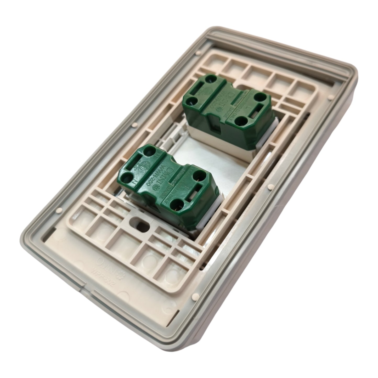 A double-gang electrical switch socket cover plate with two green terminal blocks, shown on a plain white background.
