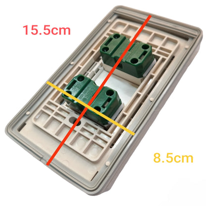 A dual electrical outlet cover plate shown on a white background with red and yellow measurement lines and text indicating dimensions 15.5cm and 8.