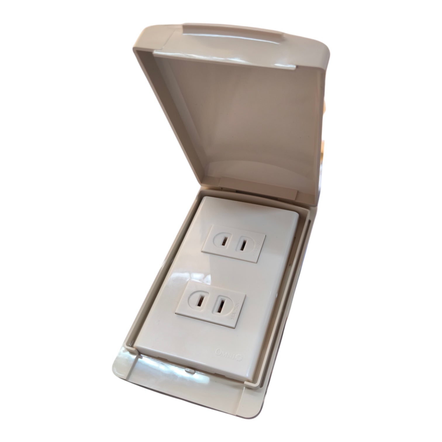 A beige plastic dual outlet water outlet cover with its hinged lid open, shown against a plain white background.