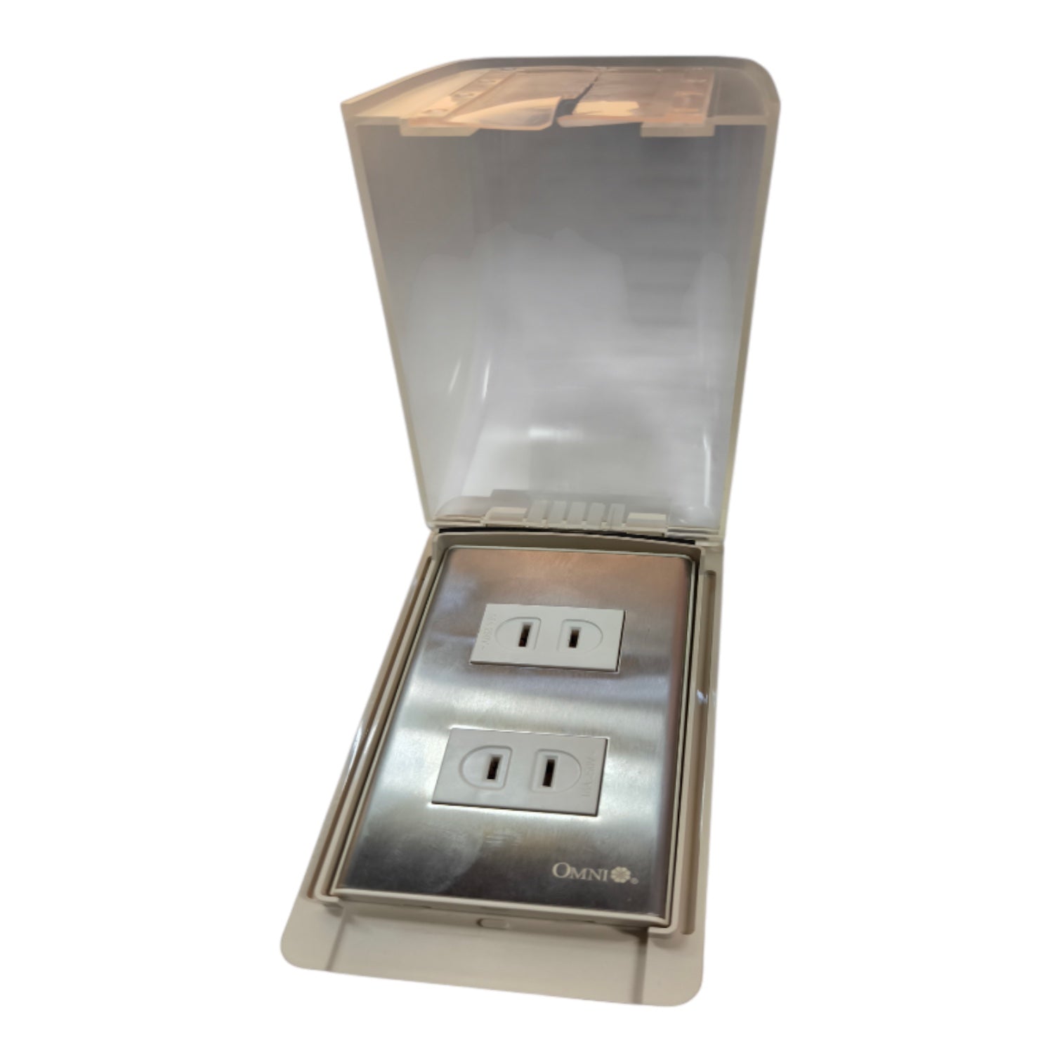 A stainless steel dual outlet water closet cover with a translucent plastic hood, shown open against a white background.