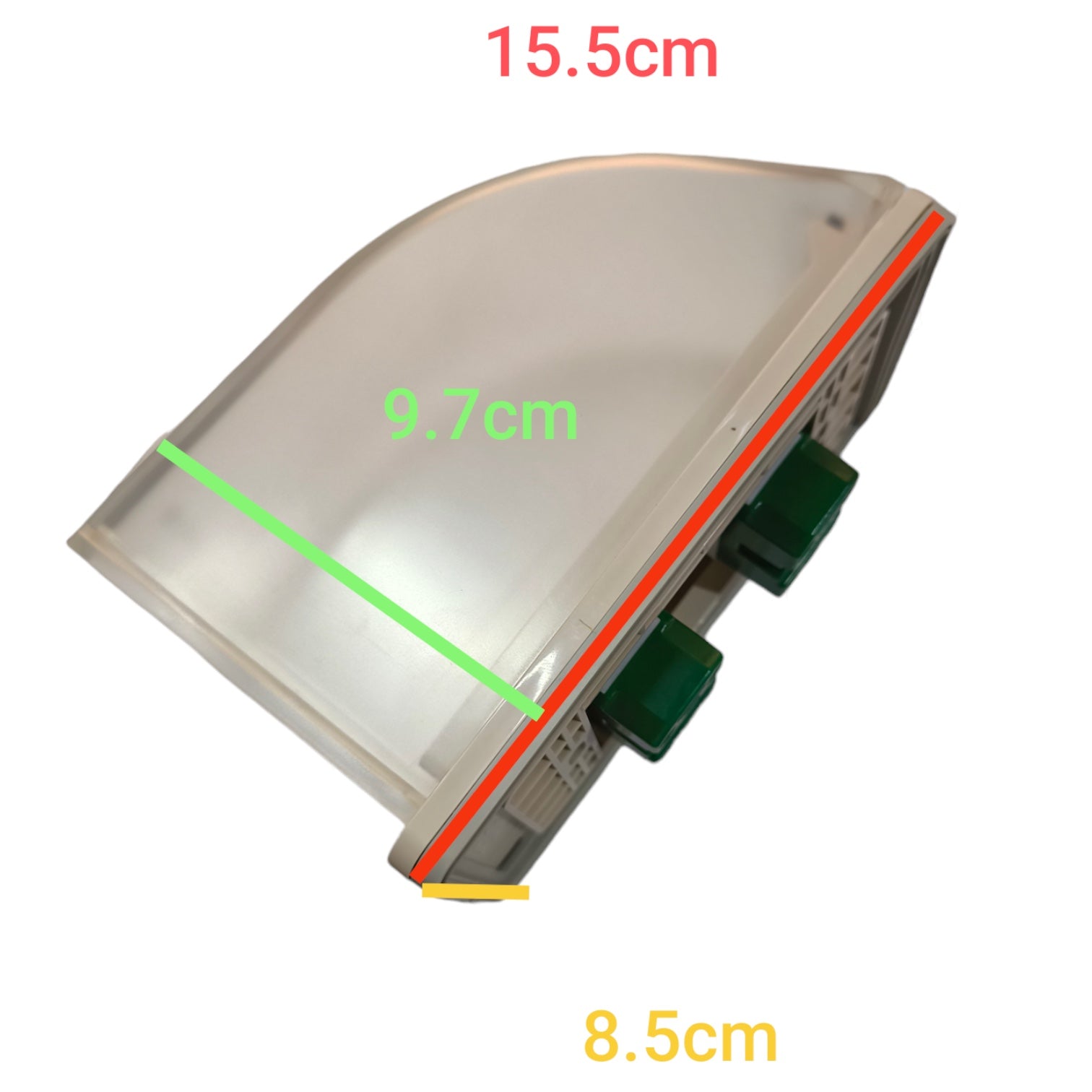 A translucent white curved panel or cover shown on a white background with overlaid dimension lines and text reading 15.5cm, 9.