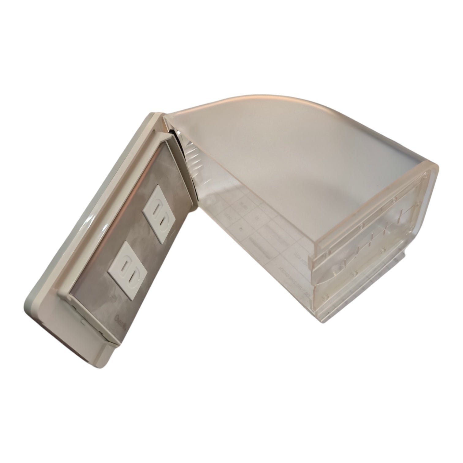 A translucent clear plastic corner elbow joint with a built-in three-way switch module on one arm, shown against a plain white background.