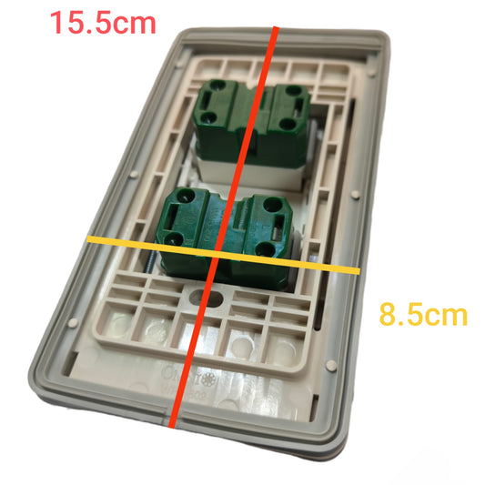 A two-gang wall switch panel shown from an angled top view on a white background, with overlaid dimension lines and text indicating 15.5 cm, 8.