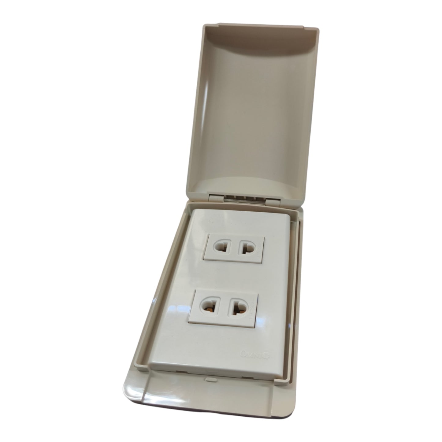A beige plastic outdoor duplex outlet cover with its hinged lid open, showing two standard UK-style wall sockets inside, isolated on a white background.